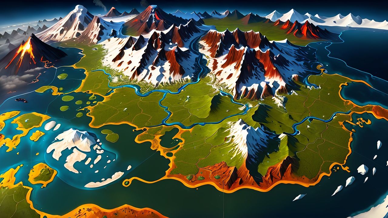 (Super realistic thick paint: 1.5) Look down on the magic world map placed on the desktop, volcanoes, glaciers, swamps, storms, deserts, pirate Island, deep forest, abyss, Sky City <lora:sdxl_ditu:1>