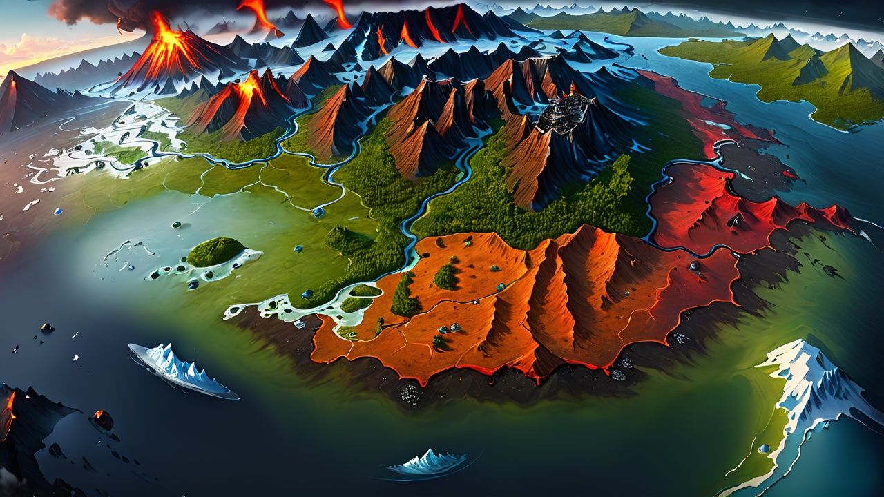 (Super realistic thick paint: 1.5) Overlooking the magic world map, volcanoes, glaciers, swamps, storms, deserts, pirate islands, deep forests, abysses, sky cities <lora:sdxl_ditu:1>