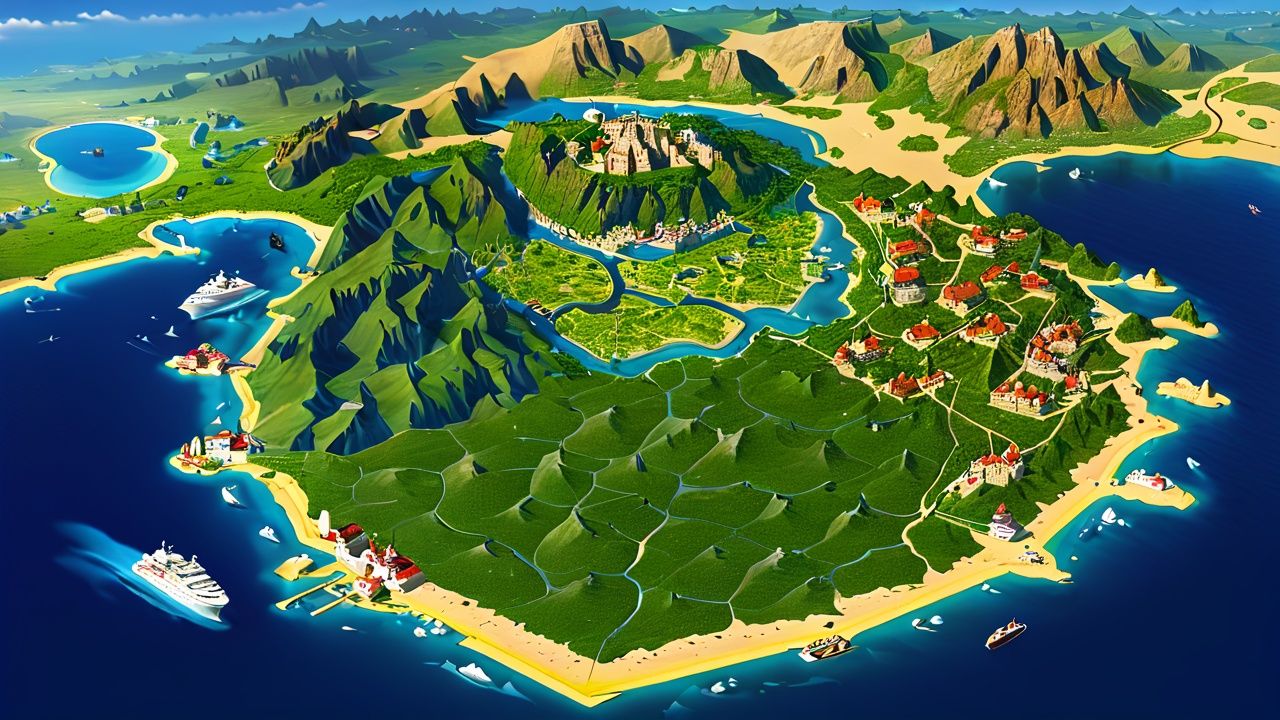 Magical world, scenery, water, outdoors, trees, no one, boats, maps, beaches, roads, sand, sky, sea, buildings, boats, islands <lora:sdxl_ditu:1>