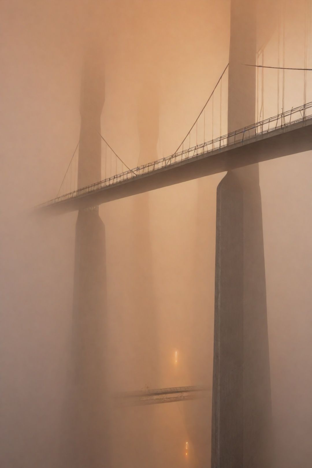 masterpiece, best quality, 8k, high resolution, an award-winning photograph of hl2citadel, scenery, no humans, a wide shot of multiple bridges and pillars, orange fog