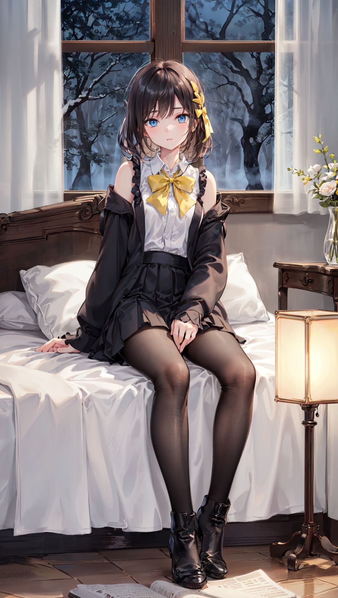 finely detail, Depth of field,(((masterpiece))),((extremely detailed CG unity 8k wallpaper)),best quality, high resolution illustration,Amazing,intricate detail,(best illumination, best shadow, an extremely delicate and beautiful),(late at night:1.5),beautiful detailed glow,(lighting particle),(((Coniferous forest in winter))),(( French window)),((White curtain)),White wall,desk,cluster-amaryllis,bouquet,Hyacinthus orientalis L,((Beautiful white clouds in the sky outside the window)),carpet,Bookcase,vase,bedroom,((bed)),((on bed)),((sit on the bed)),(bed sheet background),(((fireplace))),((Table lamp)),dark,hdr,dramatic angle,Tyndall effect,beautiful detailed glow,Luminous particle,(1 girl),(((((solo))))),extremely delicate and beautiful girls，(blue eyes),((White collared shirt ),long sleeves,((Yellow bow tie)), bare shoulders,(Beautiful dark blue eyes),Lovely face,((expressionless)),(blackish medium skirt),((Black stockings)),Ankle boots,(visual impact:1.3),(light flare:1.2),(light reflection),beautiful shadow,(detailed light),light trail,melting,hyper detailed,mysterious,(amazing),