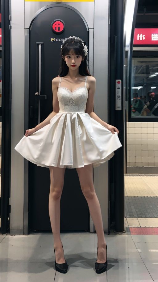 masterpiece,best quality,highres, 1girl,from below,brown hair,medium breasts,black eyes,wedding dress,roushi,high heels,legs,standing,subway station,night,looking at viewer, <lora:roushi:0.4>,  <lora:jyy:0.6>