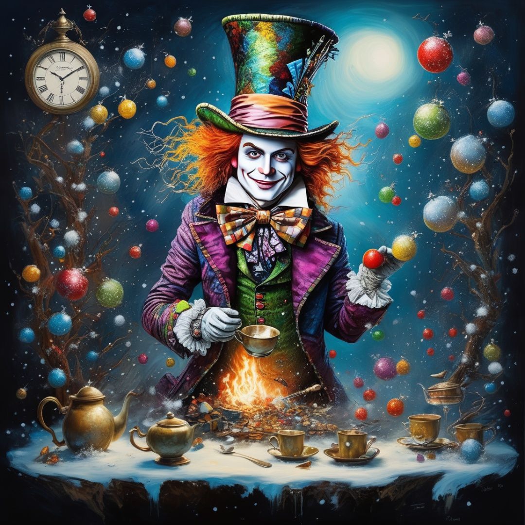 art,  (style of Seb McKinnon:1.3) 
(masterpiece,best quality:1.5),
Maternity wear, Home office,Snowing, The Mad Hatter