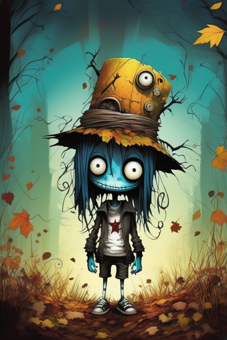 2D, monster, creepy,,  (style of Skottie Young:1.3) 
(masterpiece,best quality:1.5),
Grunge clothing, Meadow,autumn, \Mayuri (Steins;Gate)\