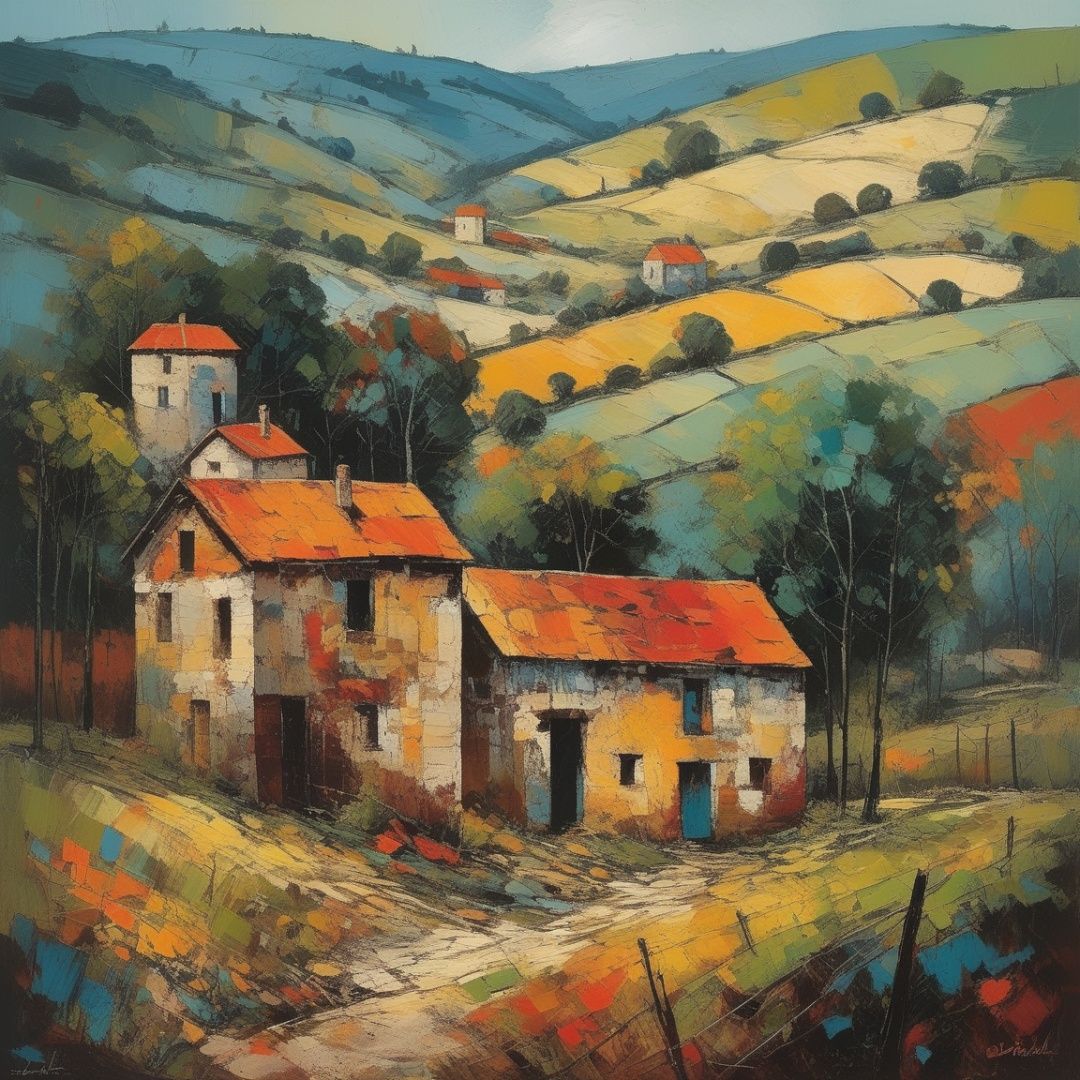 (art), (2D), horror style,  (style of David C. Driskell:1.3) 
(masterpiece,best quality:1.5),
Fustanella, The French Countryside,Hazy conditions, angela trimbur