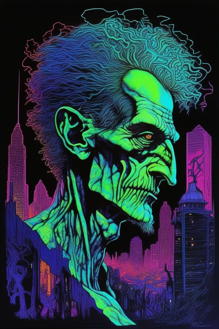 2D, monster, creepy,  (style of Austin Osman Spare:1.3) 
(masterpiece,best quality:1.5),
1980s neon clothing, Night city cyberpunk,at Dawn, God