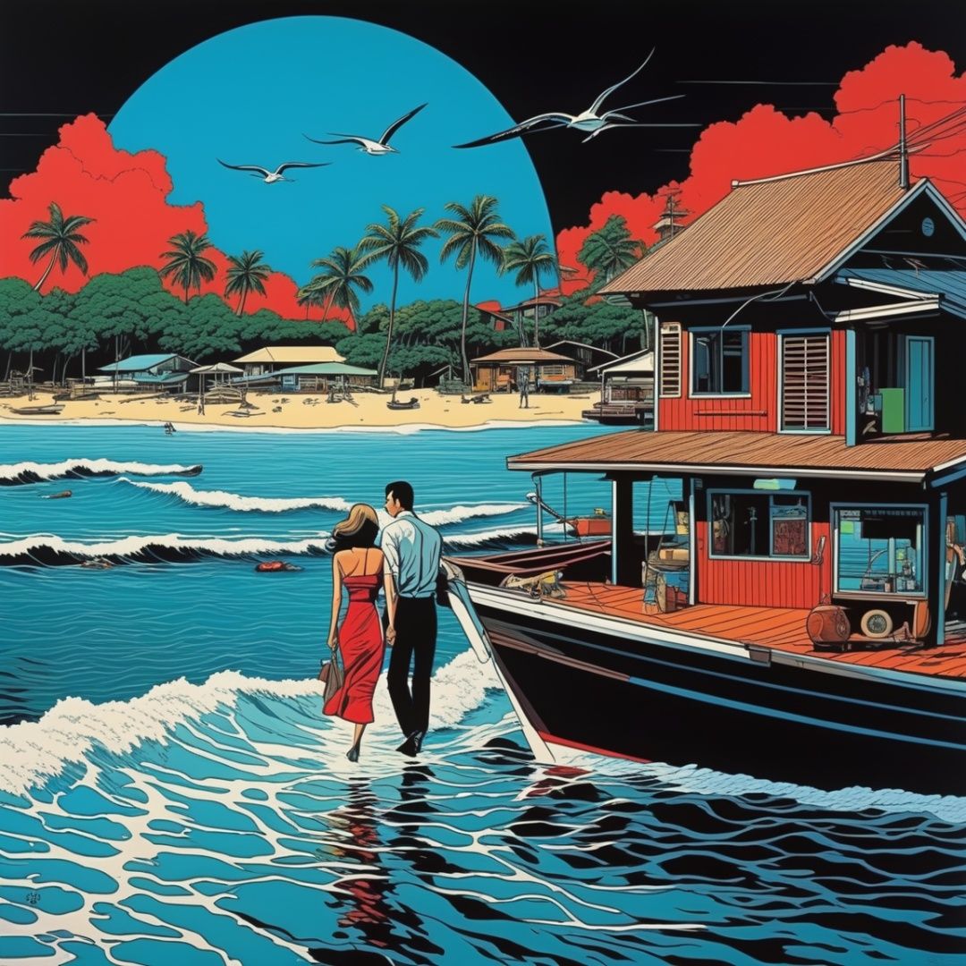 (art), (2D), horror style,  (style of Hiroshi Nagai:1.3) 
(masterpiece,best quality:1.5),
Rockabilly clothing, The Caribbean Sea,at Midday, Emmanuelle Béart