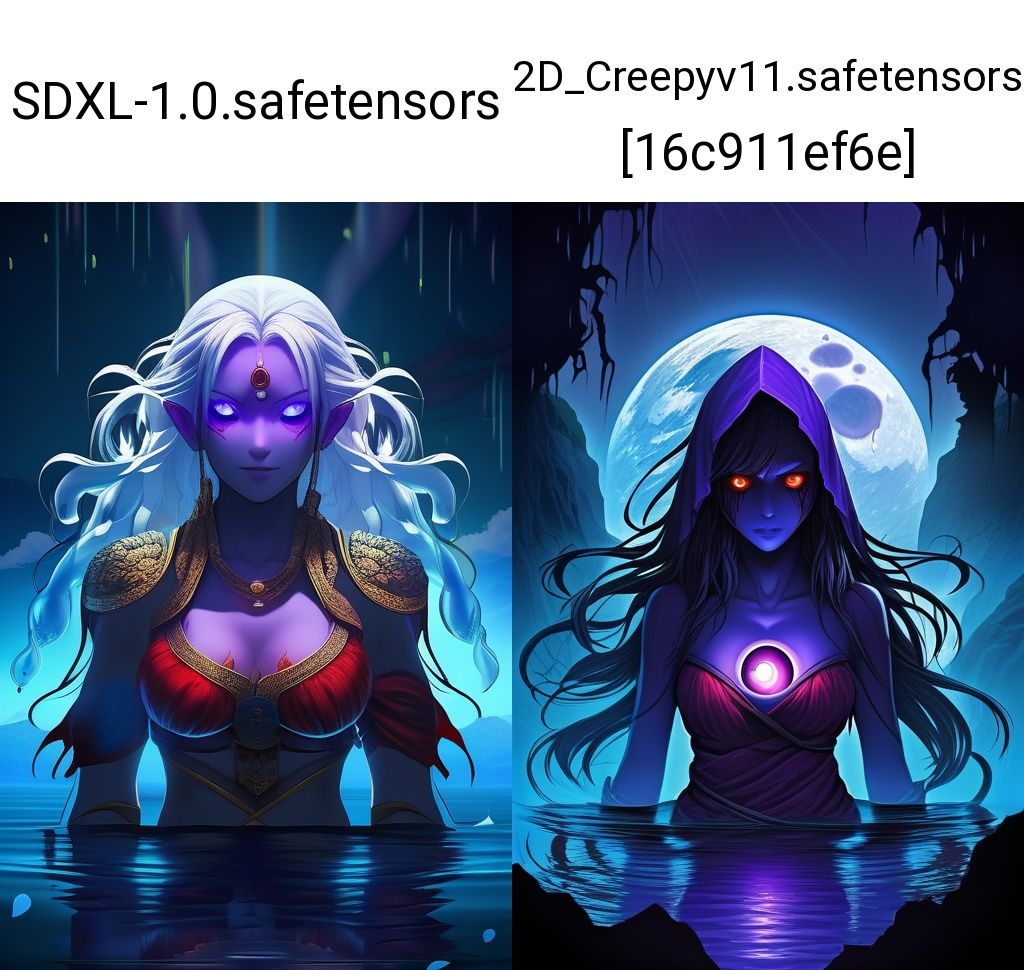 anime, 2D, masterpiece, ultra realistic,32k,extremely detailed CG unity 8k wallpaper, best quality, (1 girl soaking in the water, crying, blood on the face:1.3), (breasts, cleavage:1.25), (100 skulls:1.55), white hair, (blood, Thailand clothing:1.5), (horror:1.5), (vines), blue underflow, midnight, dark, (giant full blood moon:1.5), BREAK ((glowing eyes)), purple eyes, (((silhouette))), blue glow, ((fog:1.2)), ((raining)), shadow beast,