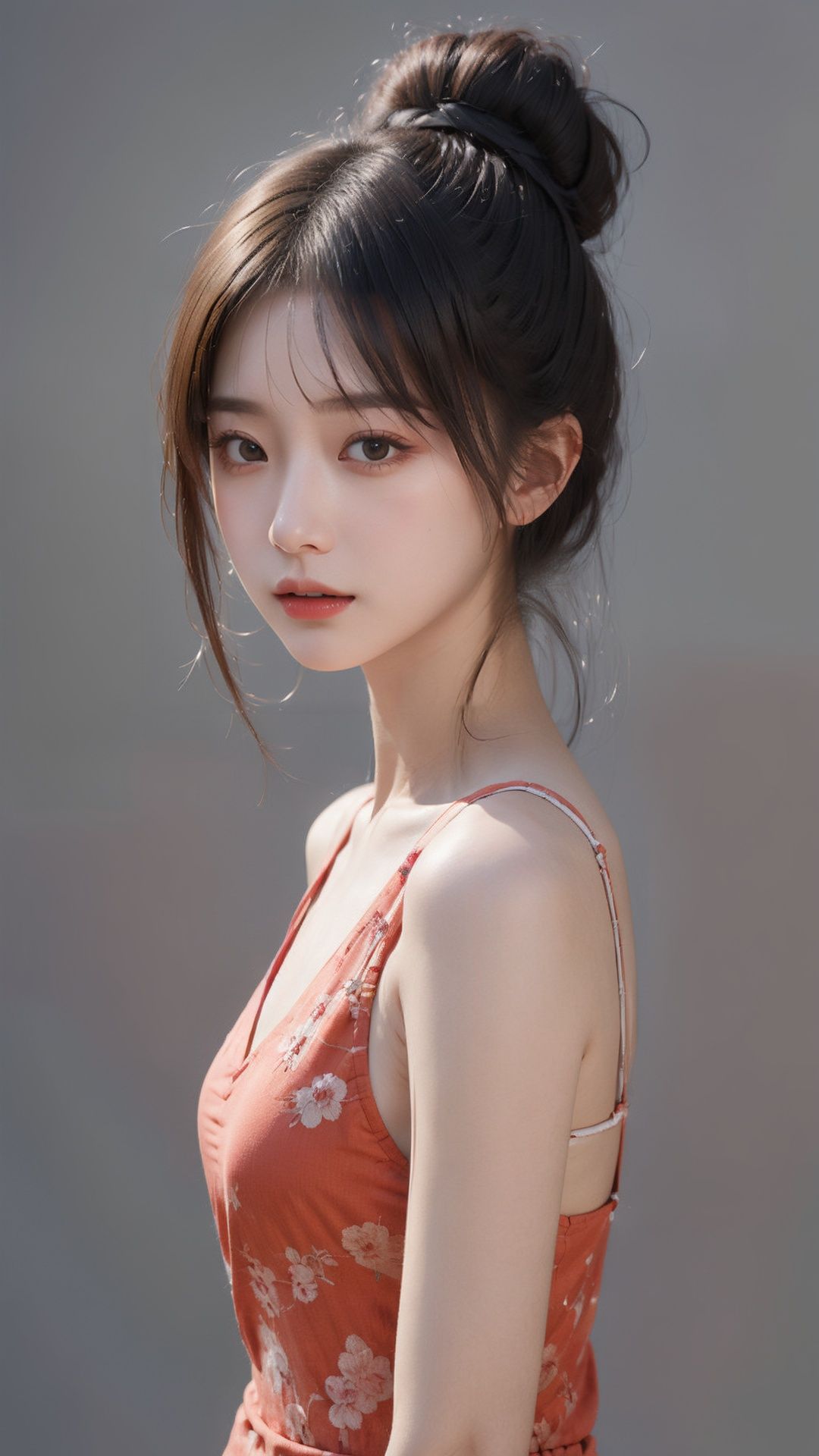 masterpiece,best quality,1 girl,reality,(simple_background),looking_at_viewer,hair bun,side_blunt_bangs,china_dress,chinese_style,<lora:qimeng1.0:0.7>,