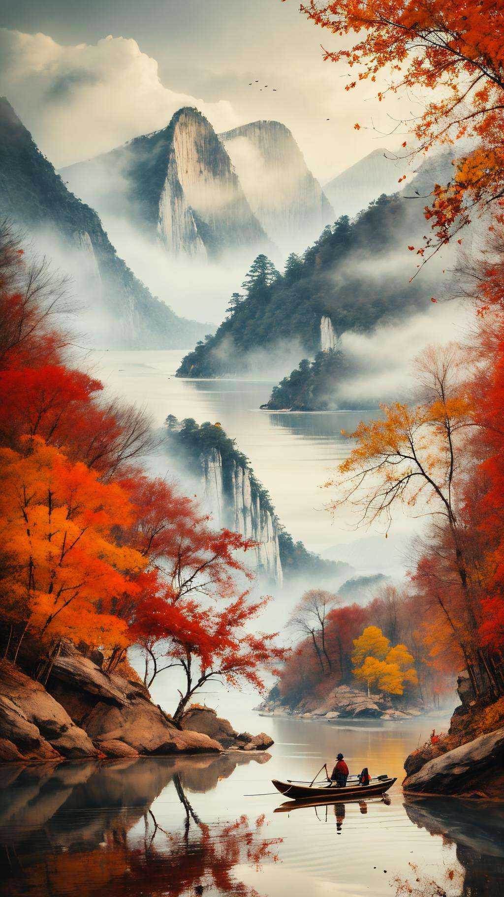 <lora:1.5:0.9>,shan,watercraf11t,boat,bird,tree,scenery,water,lake,mountain,outdoors,reflection,nature,river,