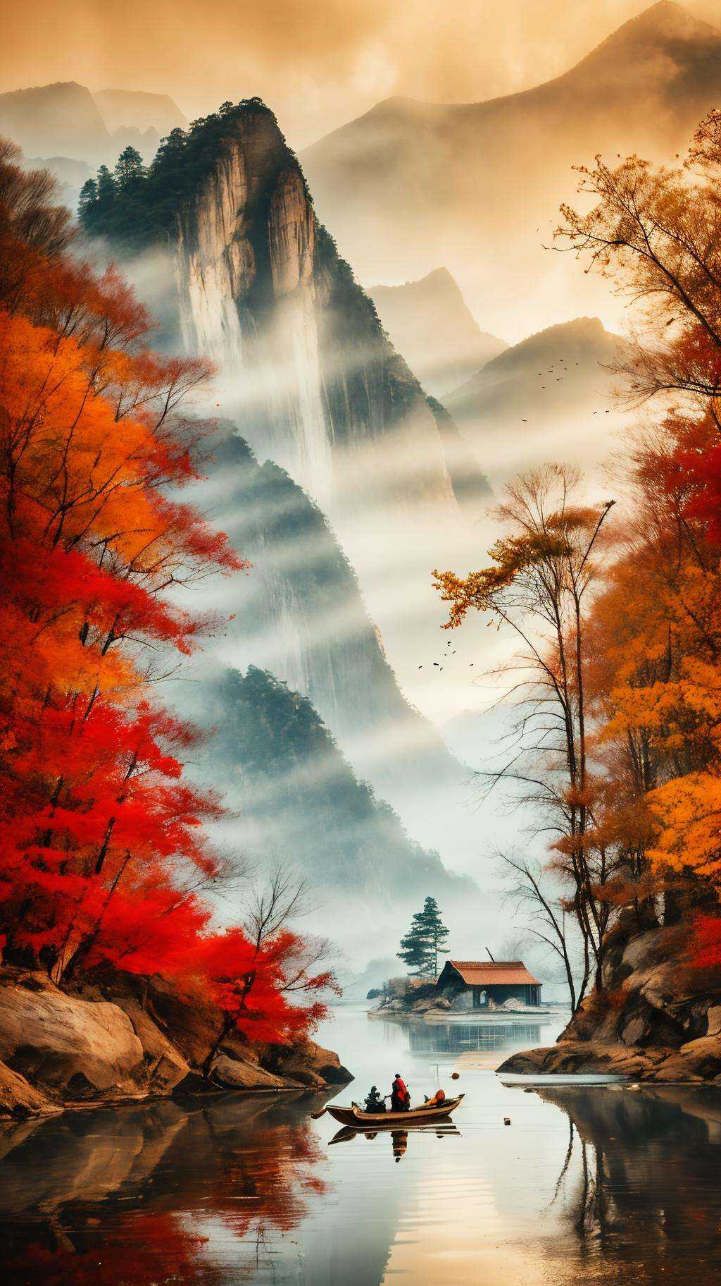 <lora:1.5:0.9>,shan,watercraf11t,boat,bird,tree,scenery,water,lake,mountain,outdoors,reflection,nature,river,