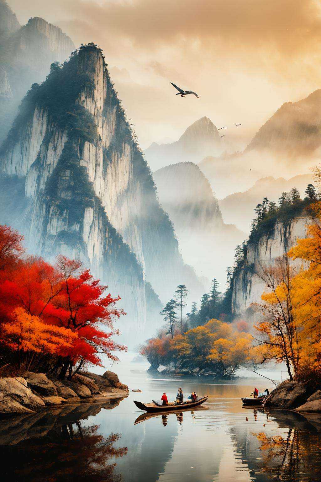 <lora:1.5:0.9>,shan,watercraft,boat,bird,tree,scenery,water,lake,mountain,outdoors,reflection,nature,river,