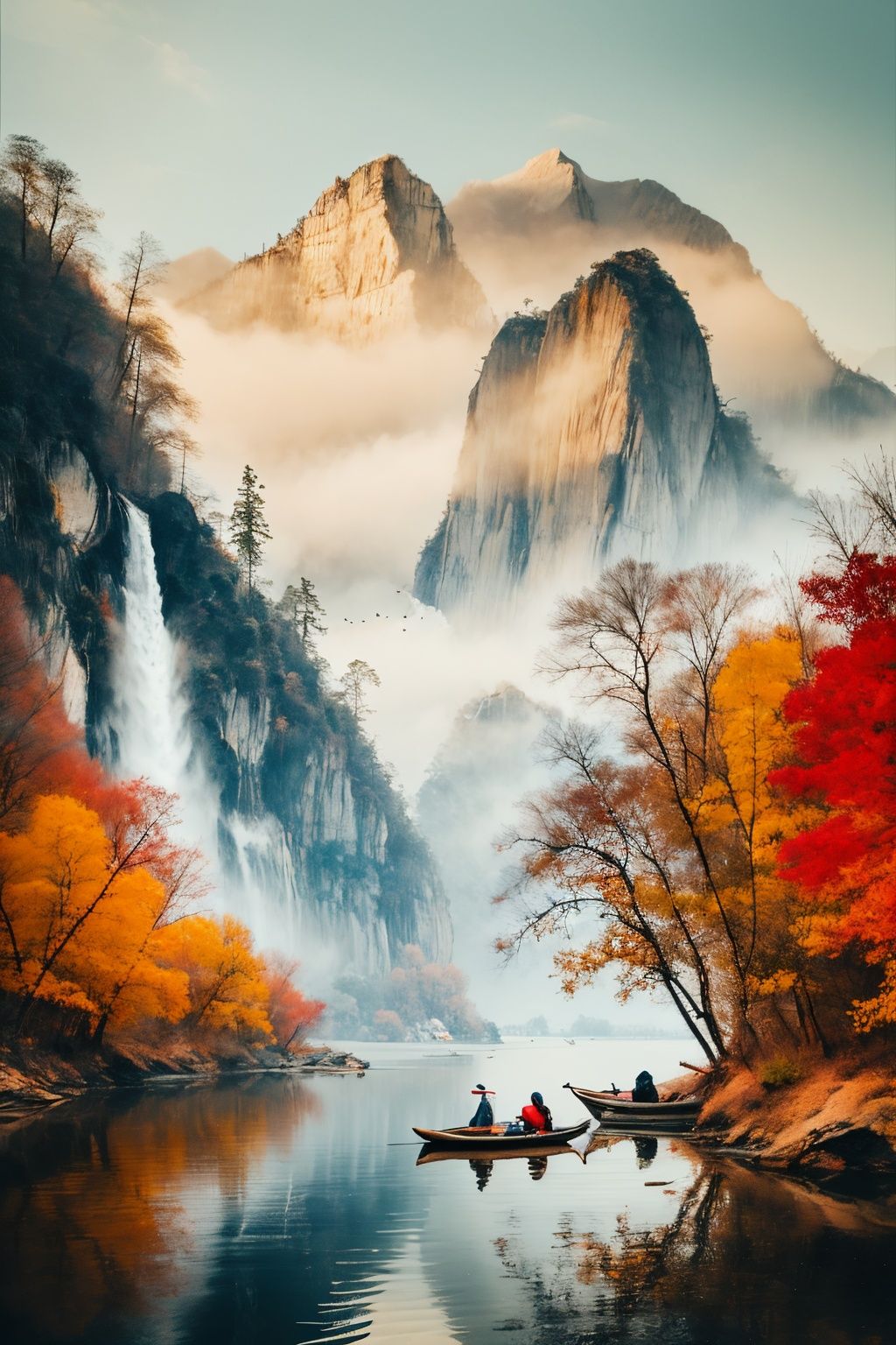 <lora:1.5:0.9>,shan,watercraft,boat,bird,tree,scenery,water,lake,mountain,outdoors,reflection,nature,river,