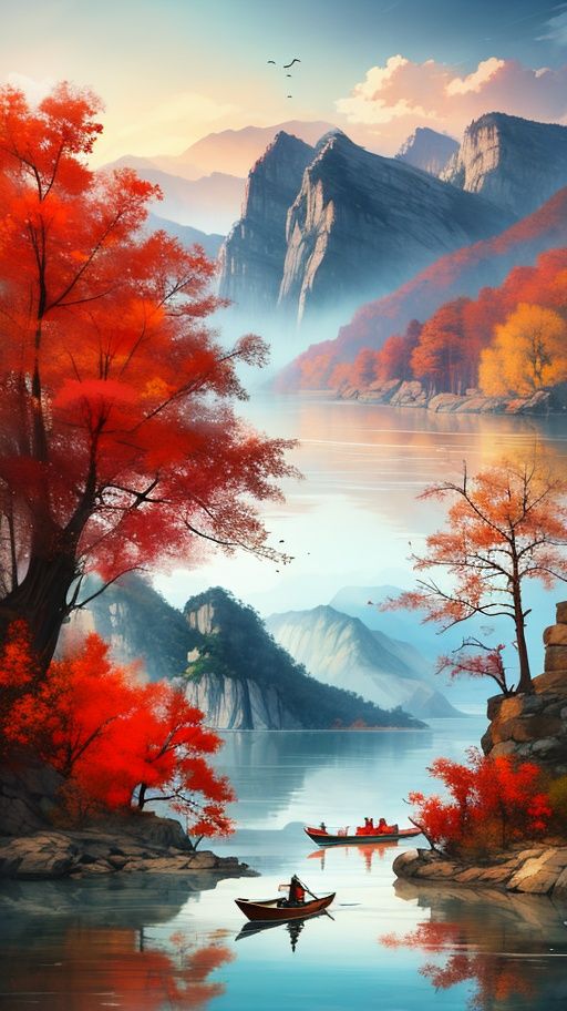 <lora:1.5:0.7>,shan,watercraf11t,boat,bird,tree,scenery,water,lake,mountain,outdoors,reflection,nature,river,