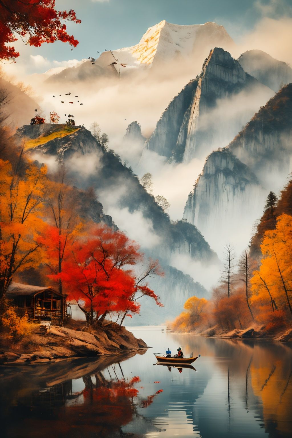 <lora:1.5:0.9>,shan,watercraft,boat,bird,tree,scenery,water,lake,mountain,outdoors,reflection,nature,river,<lora:民族:0.6>,1girl, 