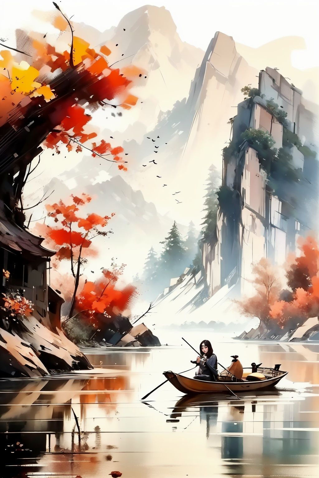 <lora:薄雨_Light rain:1>,(1girl:1.4),<lora:1.5:0.9>,shan,watercraft,boat,bird,tree,scenery,water,lake,mountain,outdoors,reflection,nature,river,