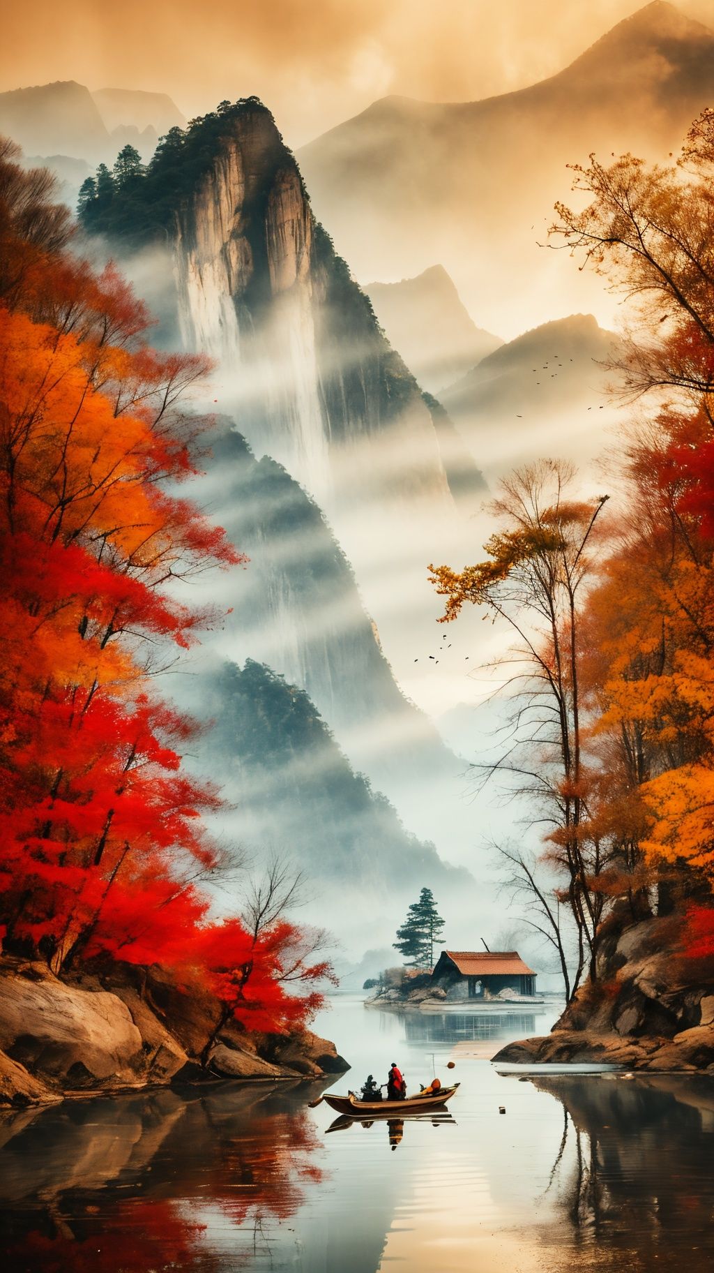 <lora:1.5:0.9>,shan,watercraf11t,boat,bird,tree,scenery,water,lake,mountain,outdoors,reflection,nature,river,