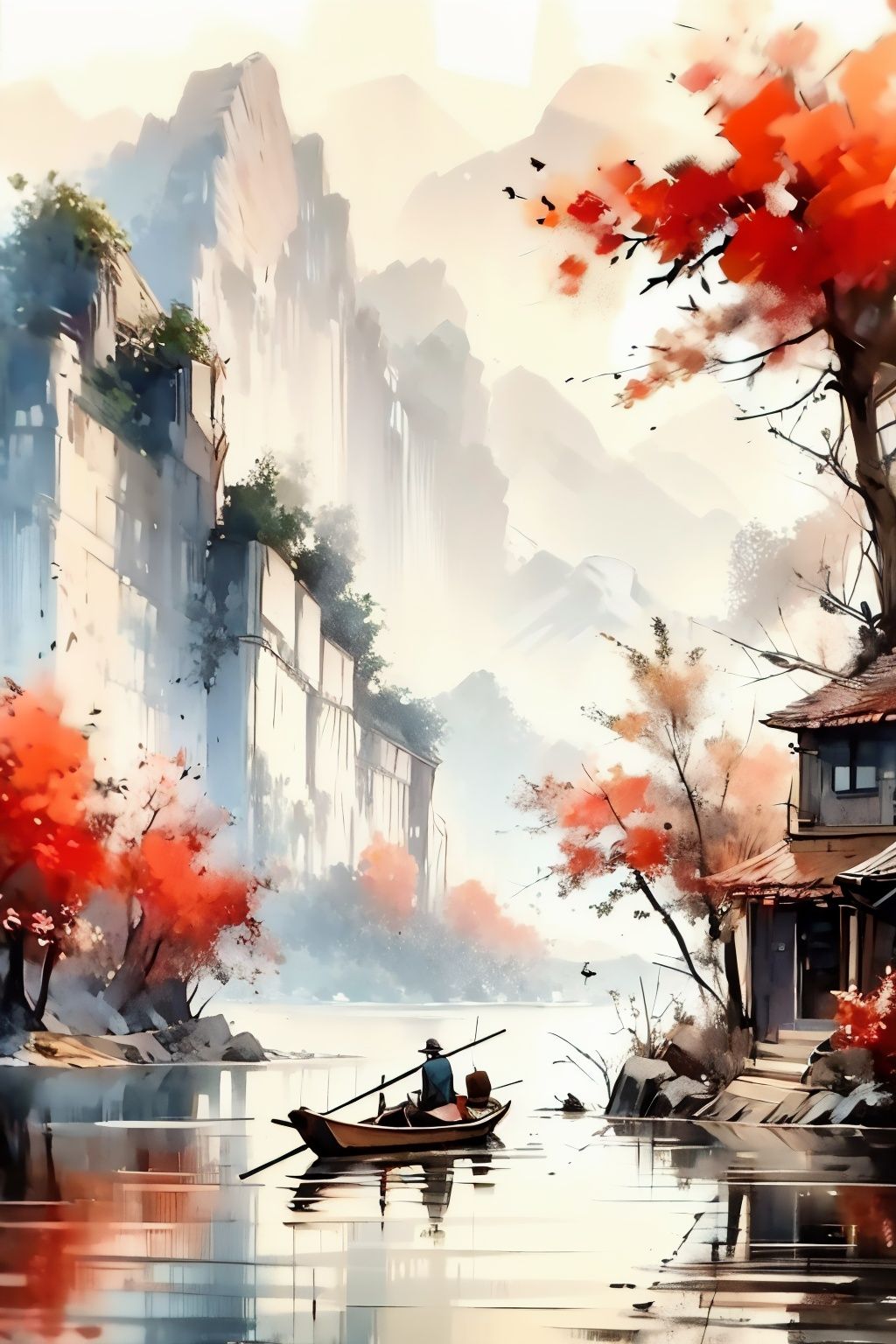 <lora:薄雨_Light rain:1>,1girl,<lora:1.5:0.9>,shan,watercraft,boat,bird,tree,scenery,water,lake,mountain,outdoors,reflection,nature,river,