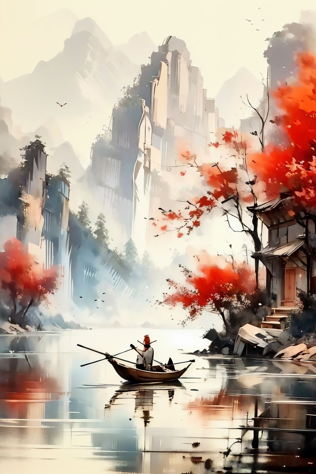 <lora:薄雨_Light rain:1>,1girl,<lora:1.5:0.9>,shan,watercraft,boat,bird,tree,scenery,water,lake,mountain,outdoors,reflection,nature,river,