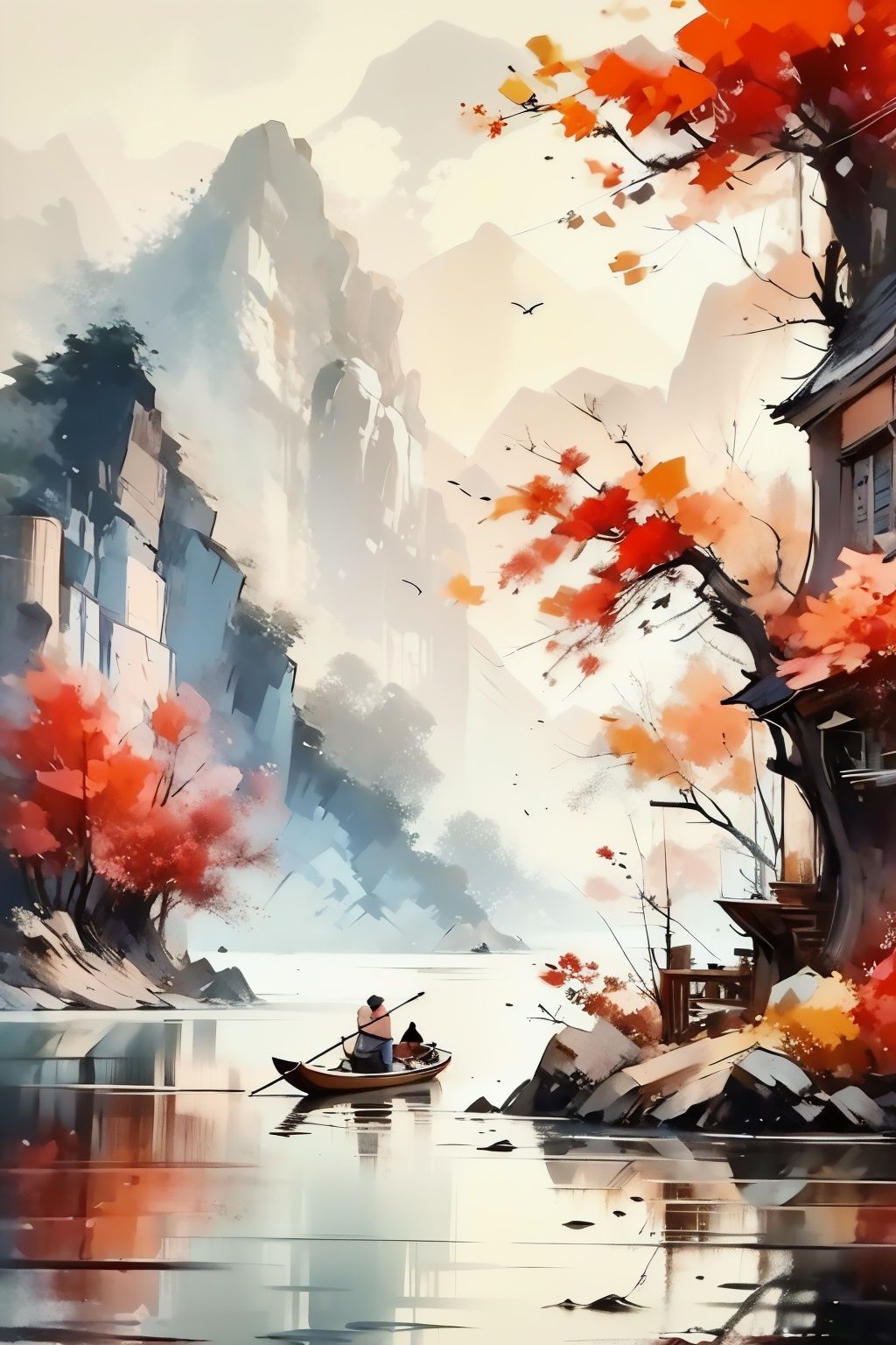 <lora:薄雨_Light rain:1>,1girl,<lora:1.5:0.9>,shan,watercraft,boat,bird,tree,scenery,water,lake,mountain,outdoors,reflection,nature,river,