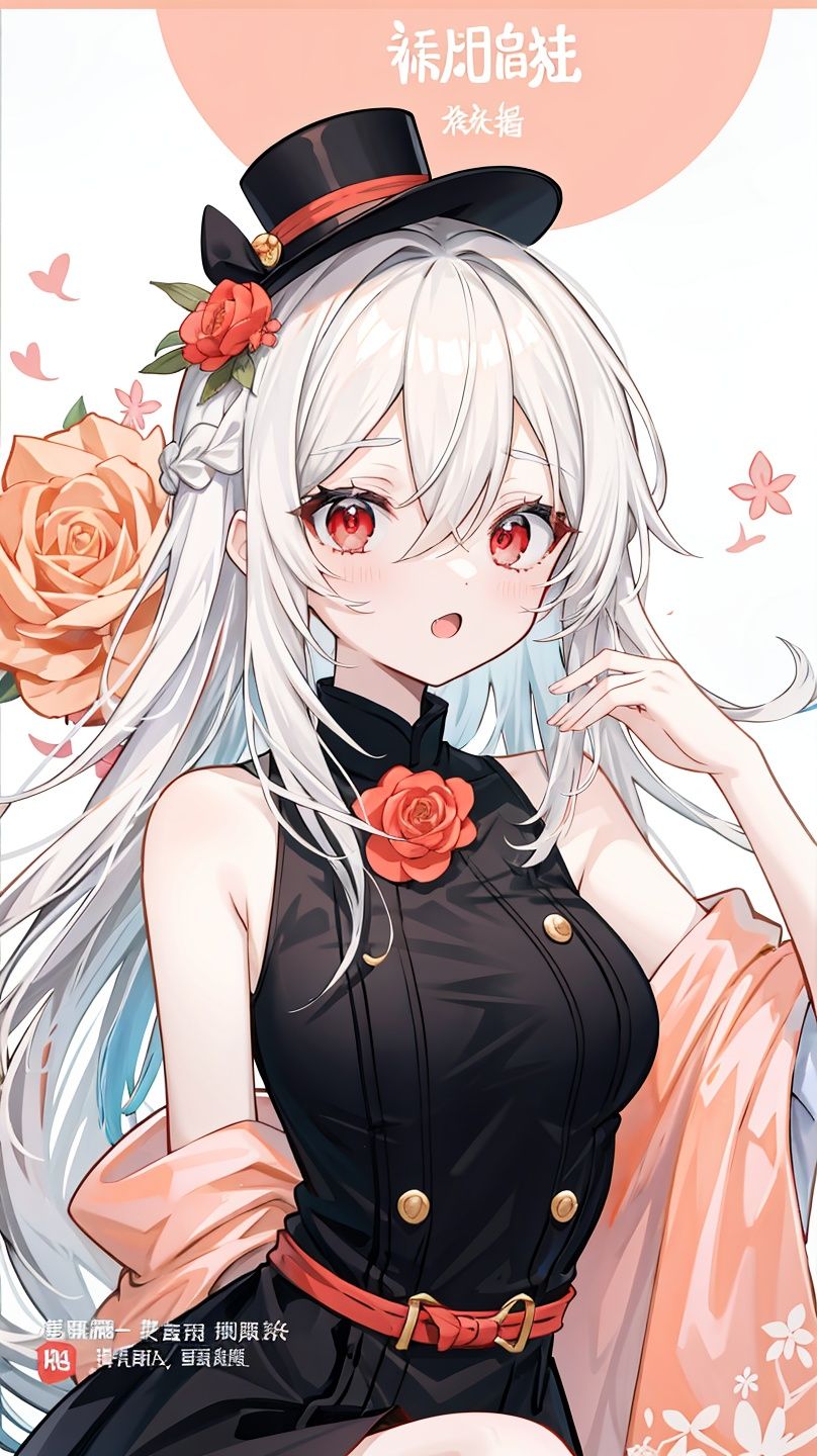 masterpiece,best quality,official art,1girl,cold face,best quality,long (white hair),(mini top hat),detailed red eyes,hair between eyes,braid,french braidoff-shoulder dress,science fiction,slouching,(Peach Rose lips:1.4),sleeveless shirt,no tail,colored pencil \(medium\),BREAK White (square:1.4) (borders:0.8), (expressive lettering, lettering art, expressive styles, unique design:1.4),  (calligraphy, creative typography:1.1),,olympus m.zuiko digital ed 75mm,close-up,;\),halftone