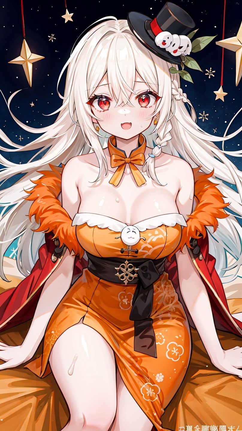 masterpiece,best quality,official art,1girl,cold face,best quality,long (white hair),(mini top hat),detailed red eyes,hair between eyes,braid,french braidoff-shoulder dress,christmas,straddling,(Peach Orange lips:1.4),fur coat,palette swap,theatre \(medium\),BREAK Design a color-blocked scene, with bold, contrasting hues, strong shapes, and a sense of dynamic energy,,sigma 35mm,atmospheric perspective,jealous,blending,shipyard