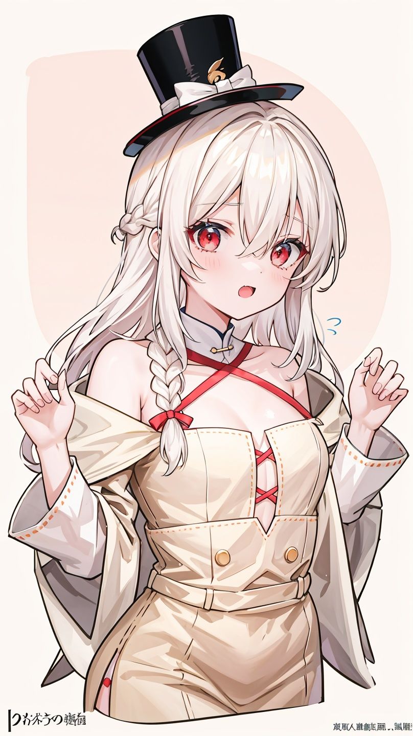 masterpiece,best quality,official art,1girl,cold face,best quality,long (white hair),(mini top hat),detailed red eyes,hair between eyes,braid,french braidoff-shoulder dress,fitting room,claw pose,(Beige Pink lips:1.4),cropped top,genderswap \(ftm\),pastel \(medium\),BREAK White (square:1.4) (borders:0.8), (expressive lettering, lettering art, expressive styles, unique design:1.4),  (calligraphy, creative typography:1.1),,panasonic lumix s pro 50mm,﻿from outside
