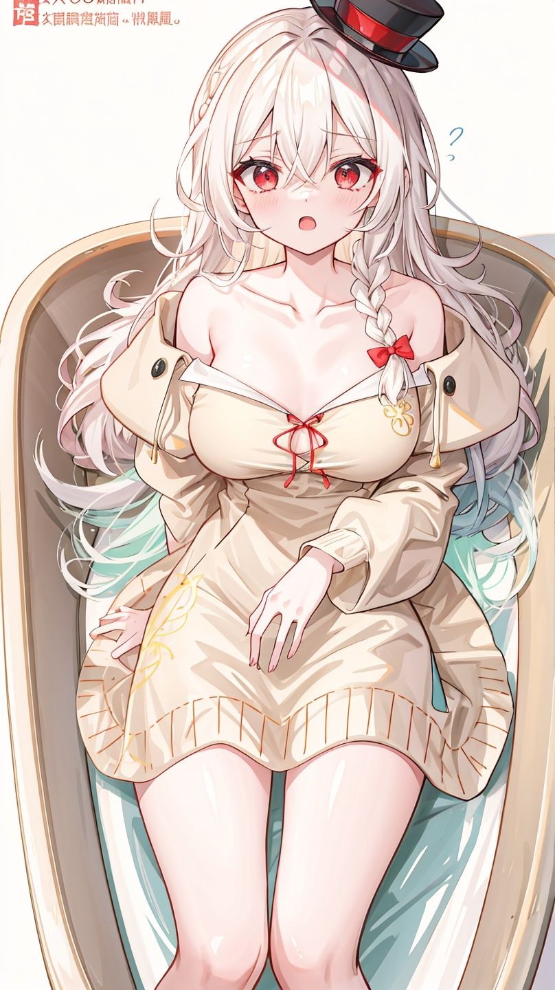 masterpiece,best quality,official art,1girl,cold face,best quality,long (white hair),(mini top hat),detailed red eyes,hair between eyes,braid,french braidoff-shoulder dress,bathtub,leaning,(Beige Pink lips:1.4),espadrilles,hair up,crayon \(medium\),BREAK White (square:1.4) (borders:0.8), (expressive lettering, lettering art, expressive styles, unique design:1.4),  (calligraphy, creative typography:1.1),,sigma 8-16mm,breast awe