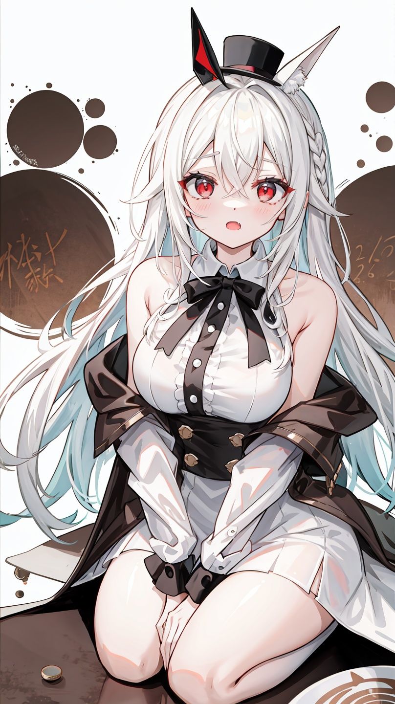 masterpiece,best quality,official art,1girl,cold face,best quality,long (white hair),(mini top hat),detailed red eyes,hair between eyes,braid,french braidoff-shoulder dress,﻿workshop,seiza,(Mocha Brown lips:1.4),ear muffs,no horn,brushpen \(medium\),BREAK Design a color-blocked scene, with bold, contrasting hues, strong shapes, and a sense of dynamic energy,,18mm,between legs