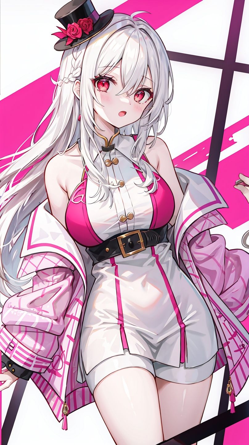 masterpiece,best quality,official art,1girl,cold face,best quality,long (white hair),(mini top hat),detailed red eyes,hair between eyes,braid,french braidoff-shoulder dress,white background,arm grab,(Raspberry Pink lips:1.4),romper,genderswap \(ftm\),nib pen \(medium\),BREAK Design a color-blocked scene, with bold, contrasting hues, strong shapes, and a sense of dynamic energy,,fujifilm xf 90mm,dutch angle,sulking,lens flare,crosswalk