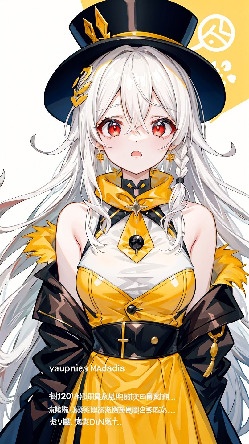masterpiece,best quality,official art,1girl,cold face,best quality,long (white hair),(mini top hat),detailed red eyes,hair between eyes,braid,french braidoff-shoulder dress,transparent background,noogie,(Yellow lips:1.4),fur vest,age progression,calligraphy brush \(medium\),BREAK White (square:1.4) (borders:0.8), (expressive lettering, lettering art, expressive styles, unique design:1.4),  (calligraphy, creative typography:1.1),,fujifilm xf 90mm,breast awe,