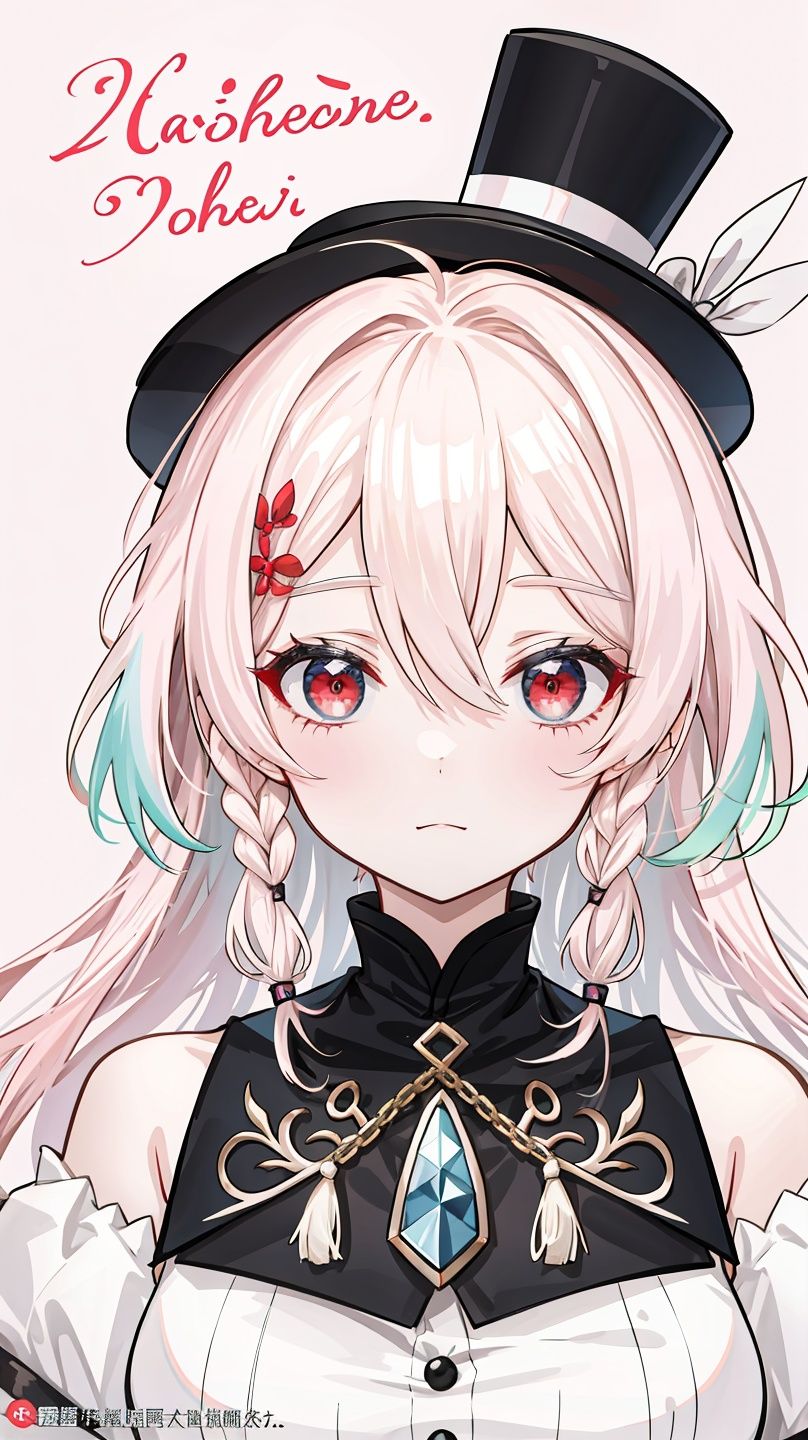 masterpiece,best quality,official art,1girl,cold face,best quality,long (white hair),(mini top hat),detailed red eyes,hair between eyes,braid,french braidoff-shoulder dress,science fiction,tying hair,(Pastel Pink lips:1.4),down vest,fusion,brush \(medium\),BREAK White (square:1.4) (borders:0.8), (expressive lettering, lettering art, expressive styles, unique design:1.4),  (calligraphy, creative typography:1.1),,sigma 14mm,vanishing point,face-to-face,drop shadow,carousel
