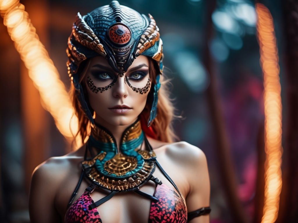 cinematic photo Beautiful female Warrior Woman,  Animal skin bikini,  brightly colored on Tensor.Art