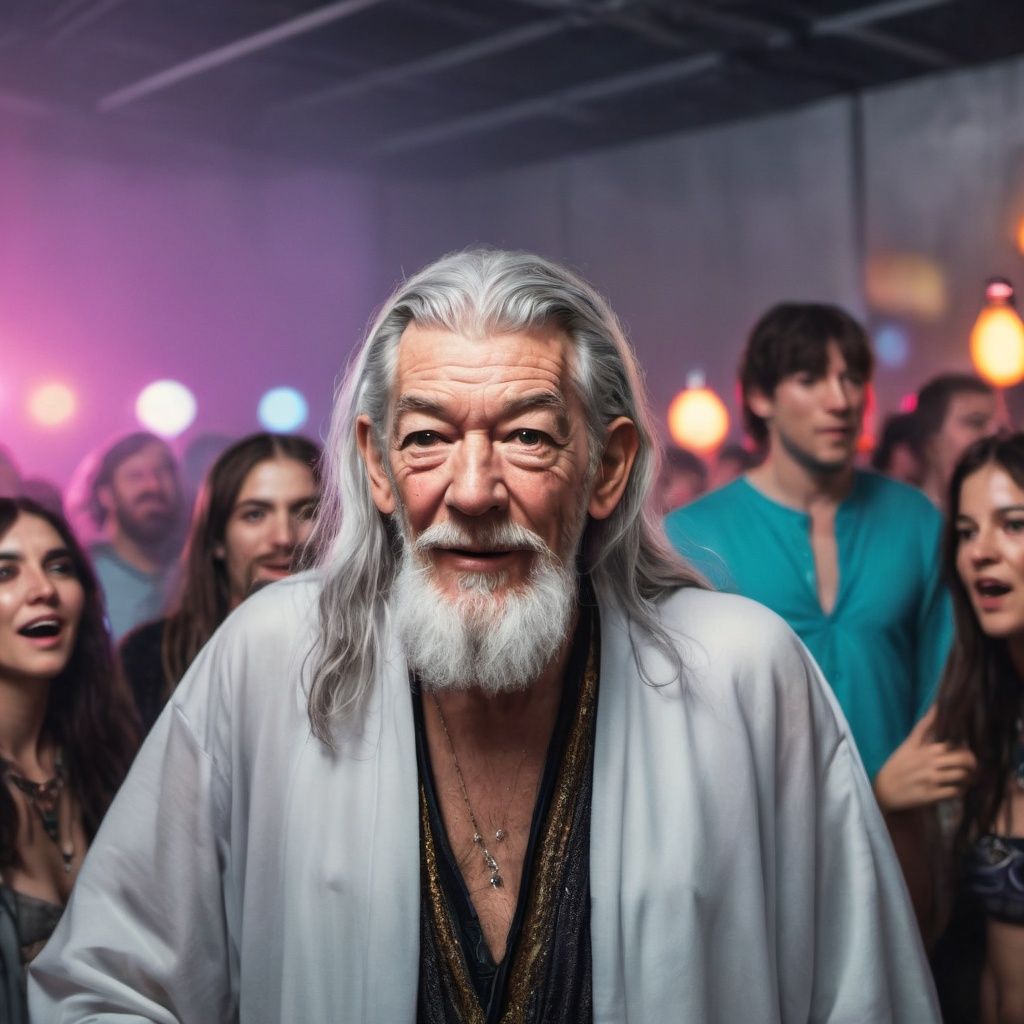 a Photorealistic Ian McKellen as a Gandal the grey from LOTR wearing rave party clothes from 90's style,  long white beard...