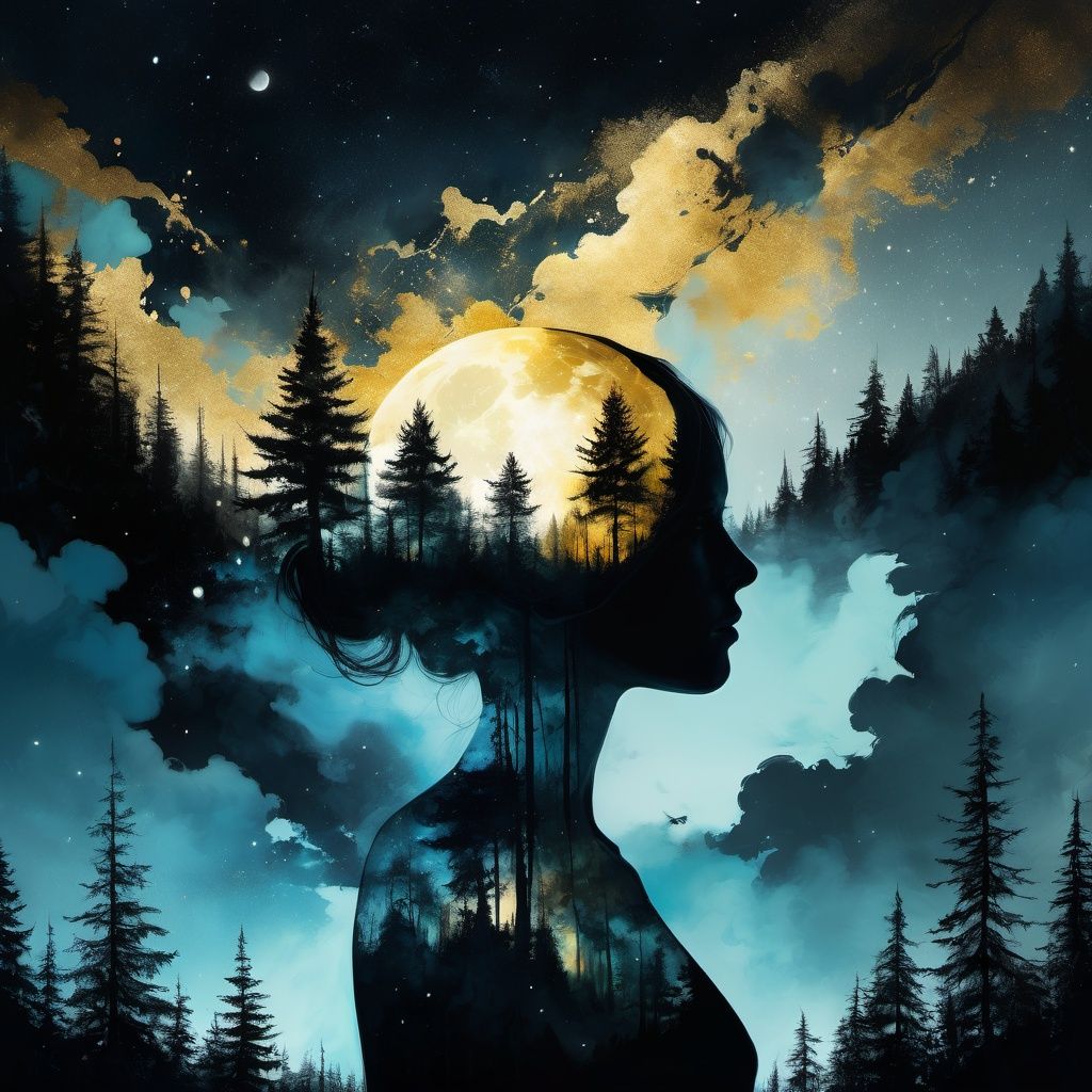 old forest dreamscape in your mind,  Double exposure effect of female body portrait silhouette,  superimposed against nigh...