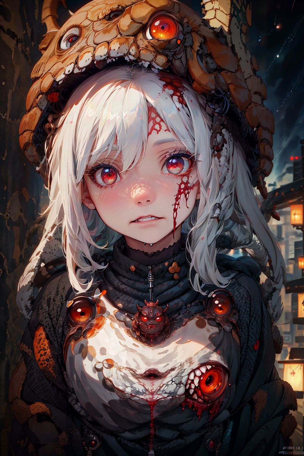  focus on eyes,detailed pupil, closeup,((masterpiece)), highly detailed, 8k, hdr,A mythical beast that merges a turtle and a snake,red eyes,black sky,meteor shower,blood moon, 4K high details cinematic lighting, UHD high detail,BJ_City_of_Wisdom,foreground,bj_Devil angel