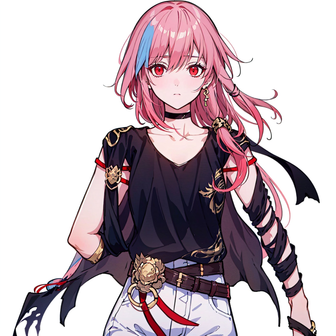  (masterpiece:1.3),(the best quality:1.2),(super fine illustrations:1.2),(Masterpiece),high quality,high detail,(white background:1.2),looking at viewer,(SOLO:1.4),outline,simple background, white_shorts, hair_between_eyes, fu_hua, cowboy_shot, belt, black_shirt, ,pink_hair,white_hair,multicolored_hair,red_hair,red_eyes