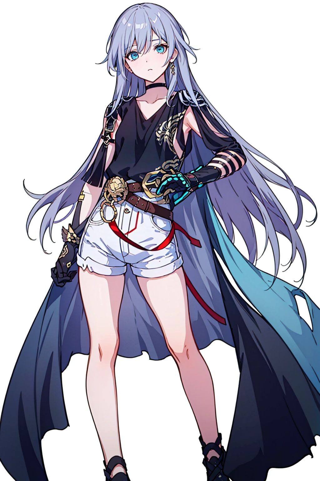 (masterpiece:1.3),(the best quality:1.2),(super fine illustrations:1.2),(Masterpiece),high quality,high detail,(white background:1.2),looking at viewer,(SOLO:1.4),outline,simple background,  white_shorts, hair_between_eyes, grey_hair, fu_hua, cowboy_shot, belt, black_shirt, blue_eyes