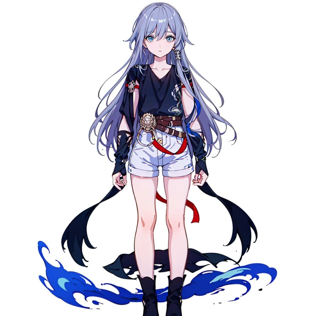 (masterpiece:1.3),(the best quality:1.2),(super fine illustrations:1.2),(Masterpiece),high quality,high detail,(white background:1.2),looking at viewer,(SOLO:1.4),outline,simple background, white_shorts, hair_between_eyes, grey_hair, fu_hua, cowboy_shot, belt, black_shirt, blue_eyes