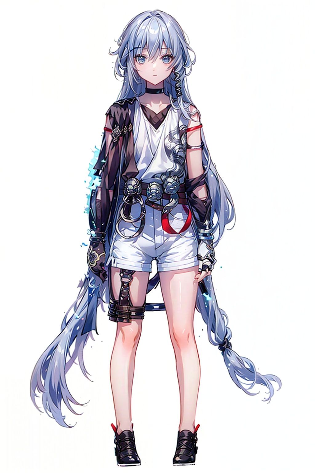 (masterpiece:1.3),(the best quality:1.2),(super fine illustrations:1.2),(Masterpiece),high quality,high detail,(white background:1.2),looking at viewer,(SOLO:1.4),outline,simple background, white_shorts, hair_between_eyes, grey_hair, fu_hua, cowboy_shot, belt, black_shirt, blue_eyes