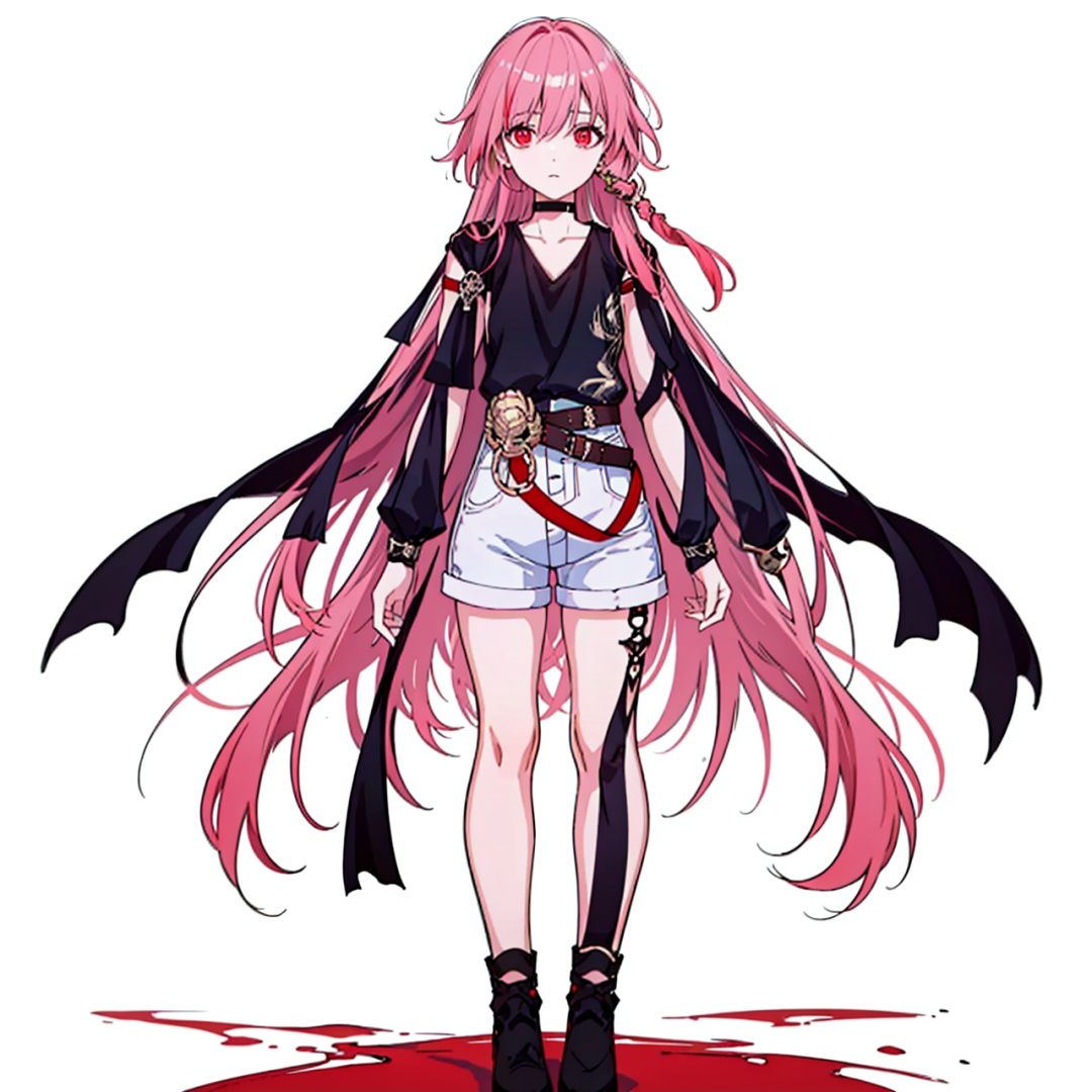 (masterpiece:1.3),(the best quality:1.2),(super fine illustrations:1.2),(Masterpiece),high quality,high detail,(white background:1.2),looking at viewer,(SOLO:1.4),outline,simple background, white_shorts, hair_between_eyes, fu_hua, cowboy_shot, belt, black_shirt, ,pink_hair,white_hair,multicolored_hair,red_hair,red_eyes