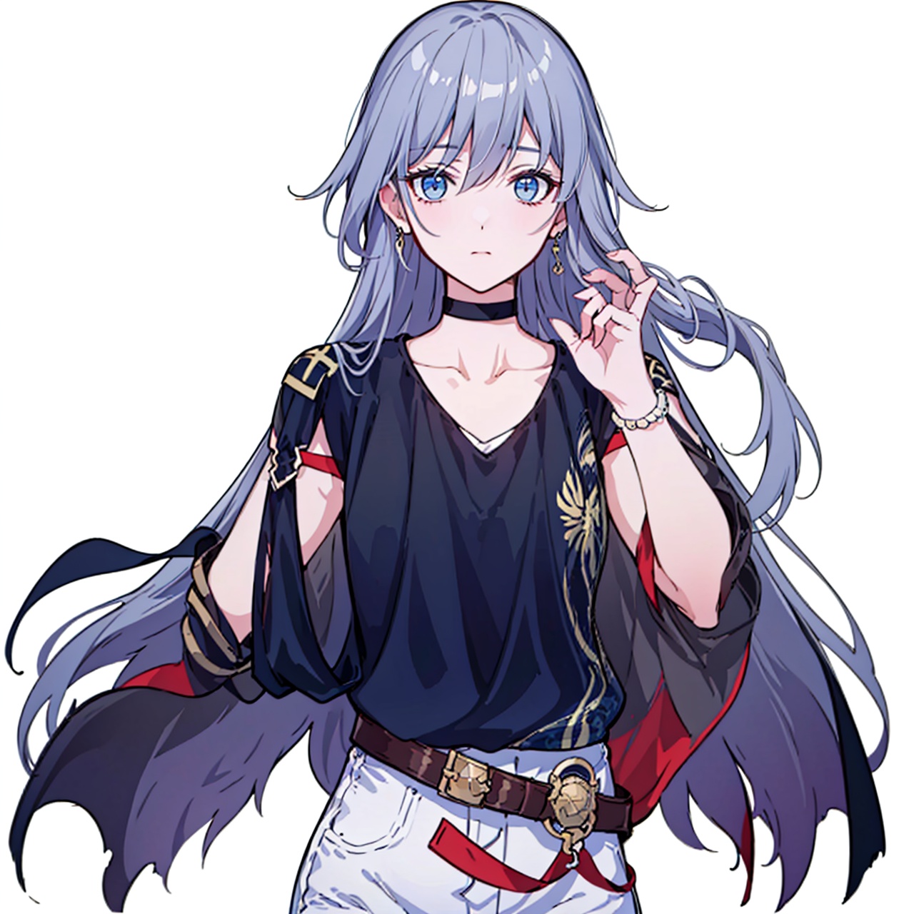  (masterpiece:1.3),(the best quality:1.2),(super fine illustrations:1.2),(Masterpiece),high quality,high detail,(white background:1.2),looking at viewer,(SOLO:1.4),outline,simple background, white_shorts, hair_between_eyes, grey_hair, fu_hua, cowboy_shot, belt, black_shirt, blue_eyes