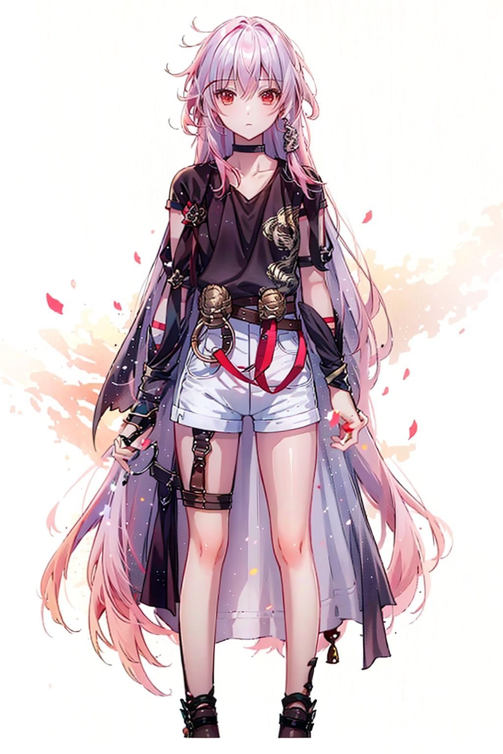 (masterpiece:1.3),(the best quality:1.2),(super fine illustrations:1.2),(Masterpiece),high quality,high detail,(white background:1.2),looking at viewer,(SOLO:1.4),outline,simple background, white_shorts, hair_between_eyes,  fu_hua, cowboy_shot, belt, black_shirt, ,pink_hair,white_hair,multicolored_hair,red_hair,red_eyes