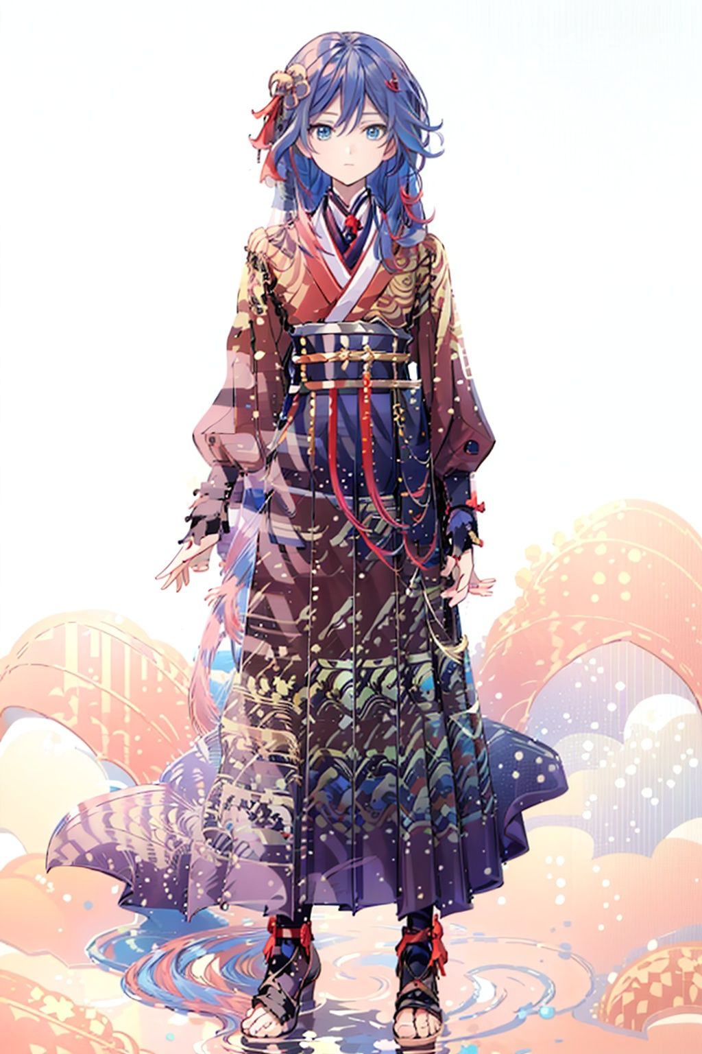 (masterpiece:1.3),(the best quality:1.2),(super fine illustrations:1.2),(Masterpiece),high quality,high detail,(white background:1.2),looking at viewer,(SOLO:1.4),outline,simplebackground,, hair ornament,blue eyes,hair ribbon,pants,belt,bracelet,wide sleeves,armor,hakama skirt,hair between eyes,fu hua,red kimono,red hair,very long hair,streaked hair,multicolored hair,hanfu,braid,pink hair,