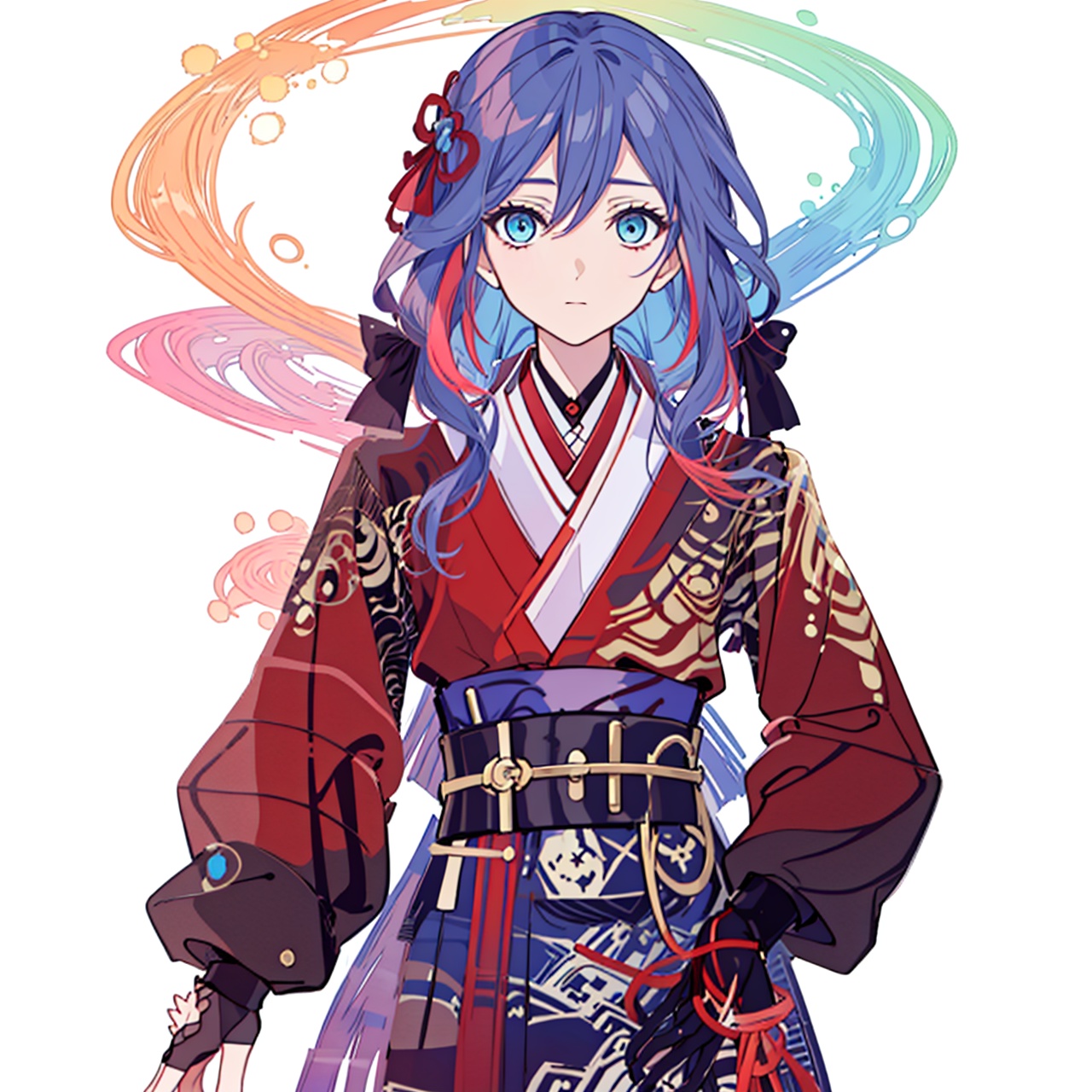  (masterpiece:1.3),(the best quality:1.2),(super fine illustrations:1.2),(Masterpiece),high quality,high detail,(white background:1.2),looking at viewer,(SOLO:1.4),outline,simplebackground,, hair ornament,blue eyes,hair ribbon,pants,belt,bracelet,wide sleeves,armor,hakama skirt,hair between eyes,fu hua,red kimono,red hair,very long hair,streaked hair,multicolored hair,hanfu,braid,pink hair,