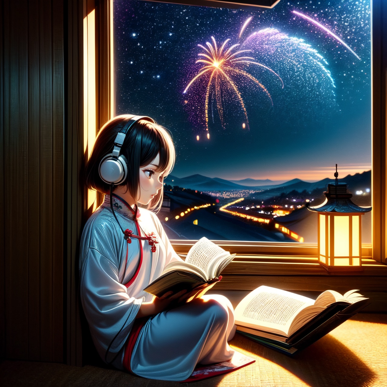 A cute LOFI music themed anime-style girl wearing a winter cheongsam,  leisurely reading a book by a window. She is wearin...