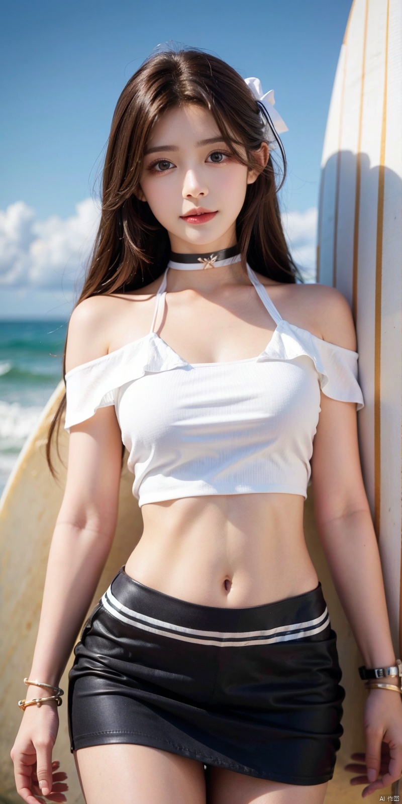 cowboy_shot,(Good structure), DSLR Quality,Short skirt,Blue sky, white clouds,(( surf,ocean,Surfboard, waves)),nai3, 1girl, solo, crop top, , choker, navel, shirt, midriff, crop top overhang, looking at viewer, white shirt, jewelry, breasts, bare shoulders, off-shoulder shirt, off shoulder, black choker, thighs, stomach, long hair, bracelet, short sleeves, ribbon, hand up, collarbone, hair ribbon, medium breasts, , bra strap, , hair ornament, thigh gap, necklace, expressionless, , ,kind smile, ,, huolinger