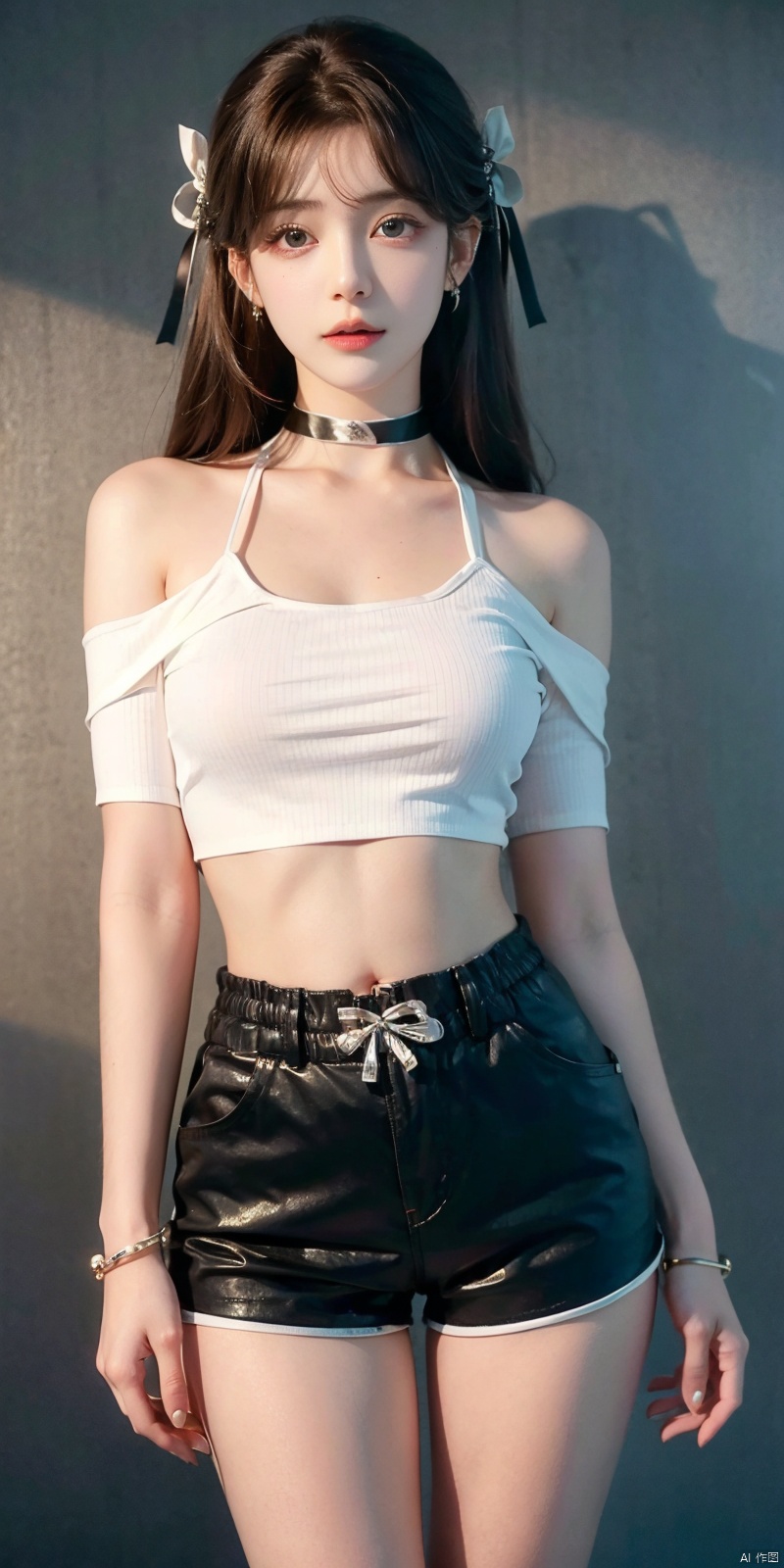  nai3, 1girl, shorts, solo, crop top, black shorts, choker, blue eyes, black hair, navel, shirt, midriff, crop top overhang, looking at viewer, white shirt, jewelry, breasts, cowboy shot, bare shoulders, short shorts, off-shoulder shirt, off shoulder, black choker, thighs, stomach, hand on own thigh, long hair, bracelet, short sleeves, ribbon, hand up, collarbone, hair ribbon, medium breasts, standing, high-waist shorts, dolphin shorts, bra strap, closed mouth, hair ornament, thigh gap, bangs, necklace, expressionless, , yeqinxian, huolinger