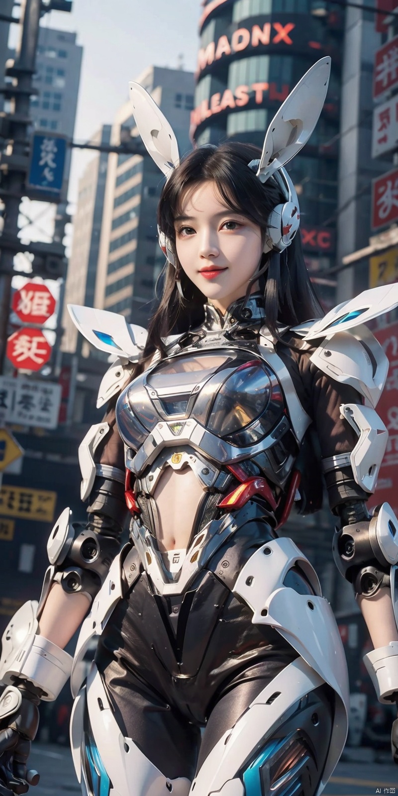  (Masterpiece, best picture quality), Cyberpunk, girl, rabbit ears,((metal and transparent shell | splicing robot)), transparent belly:1.1, metal spine:1.2, ircraft background, dynamic,perspective, xiaowu, 1 girl, asuo, Mech Combat Vehicle, WLJZ, robot, Super perspective, mecha, huolinger,kind smile