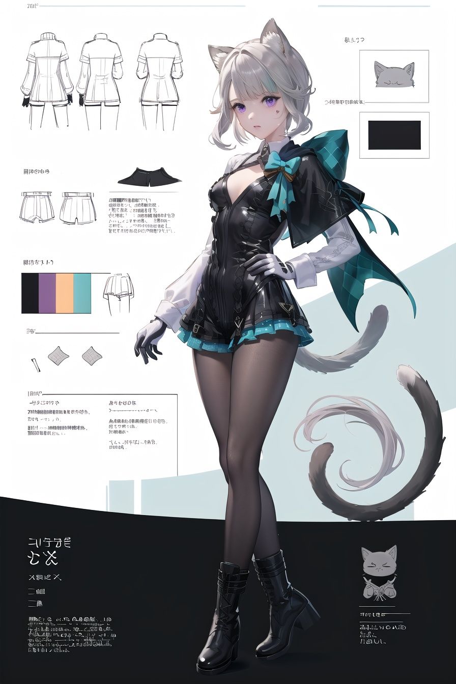 (multiple views:0.3), (sketch:1.25), shy, best quality, graphite \\(medium\\), ske, gradient, rainbow, (note:1.2), Line draft, highres, absurdres, (ultra-detailed:1.1), (illustration:1.1), (infographic:1.2), pajamas, (all clothes configuration:1.15), (solo), perfectly drawn hands, standing, cohesive background, paper, action, (character design:1.1),full body, <lora:lnt-v100-000027:0.75:char>,lnt, 1girl, purple eyes, boots,black pantyhose, animal ears, long hair, black footwear, cat ears, bow, tail, standing, long sleeves, dress, white gloves, grey hair, bangs,<lora:EnvyBetterHands LoCon_beta2 辅助:1>,good hands,nice hands,(beautiful_face), ((intricate_detail)), (revealing clothes:1.2), clear face,((finely_detailed)), fine_fabric_emphasis,((glossy)),